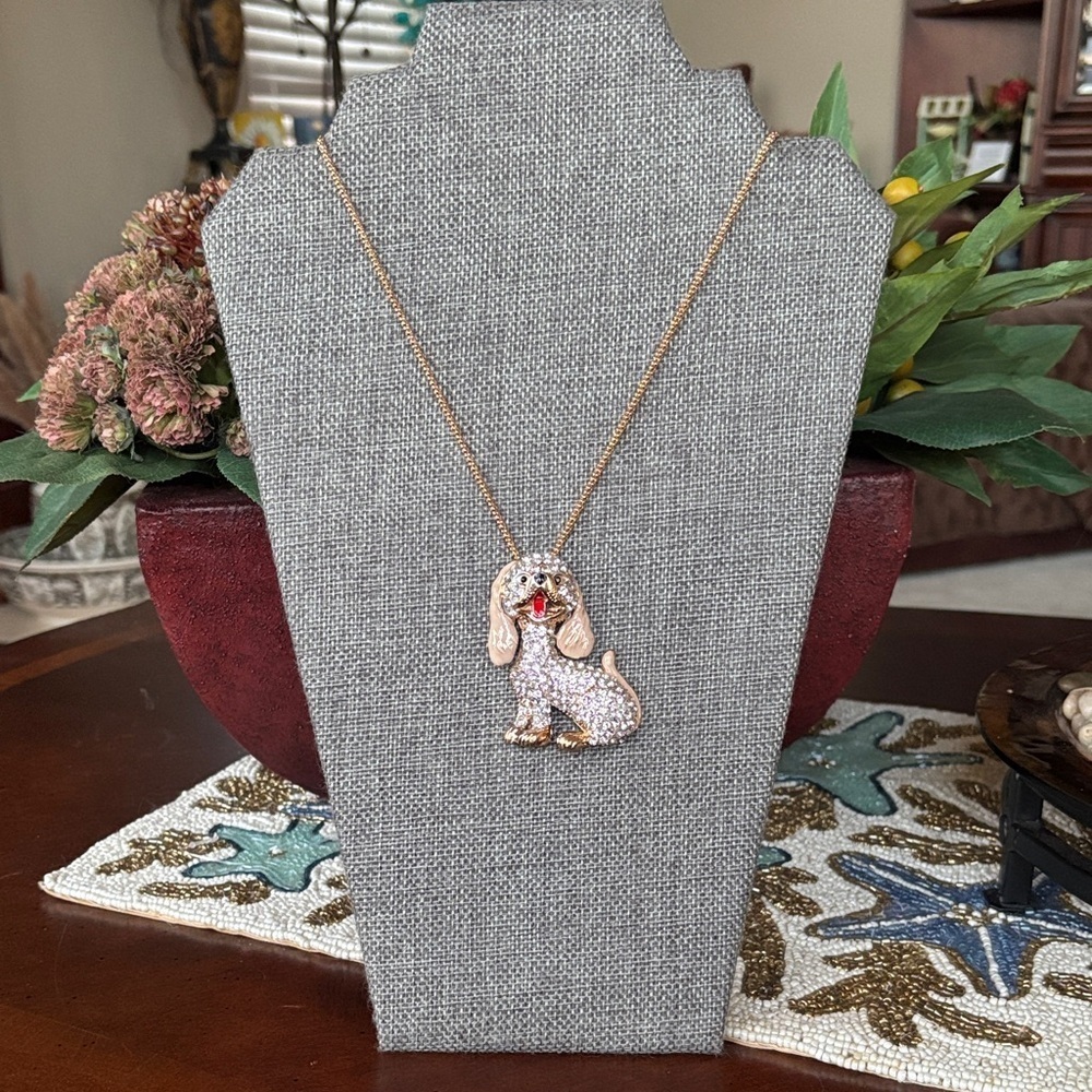 Betsey Johnson Long Necklace Gold Tone Rhinestone Puppy Dog Rhinestone Hound